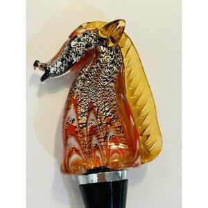 Hand Blown Glass Wine Bottle Stopper Orange Silver Horse 5”